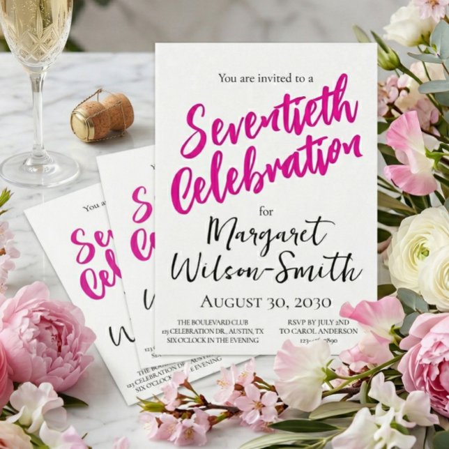 Invitation Soixante-dixième Anniversaire Écriture Rose Annive (Créateur téléchargé)