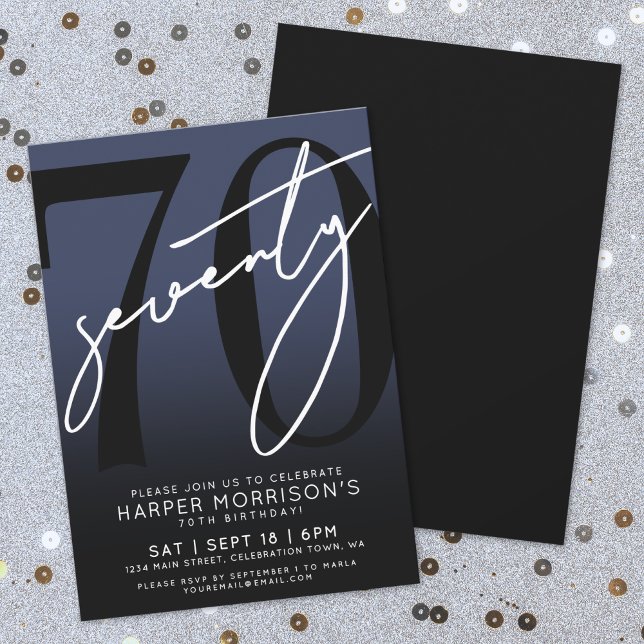 Invitation Soixante-dixième Anniversaire Élégant Bleu Marine (Elegant Navy Blue 70th Birthday Party Invitation)