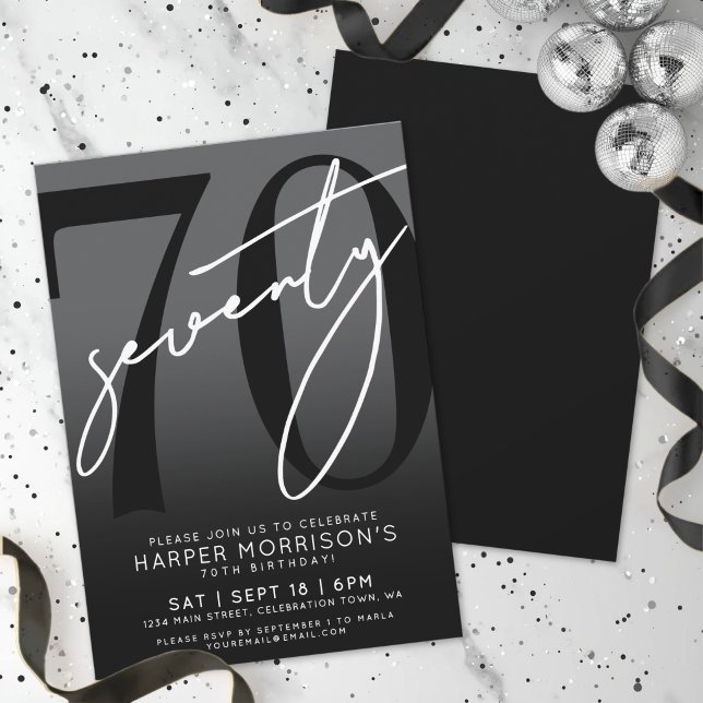 Invitation Soixante-dixième Anniversaire Élégant en Noir (Elegant Black 70th Birthday Party Invitation)