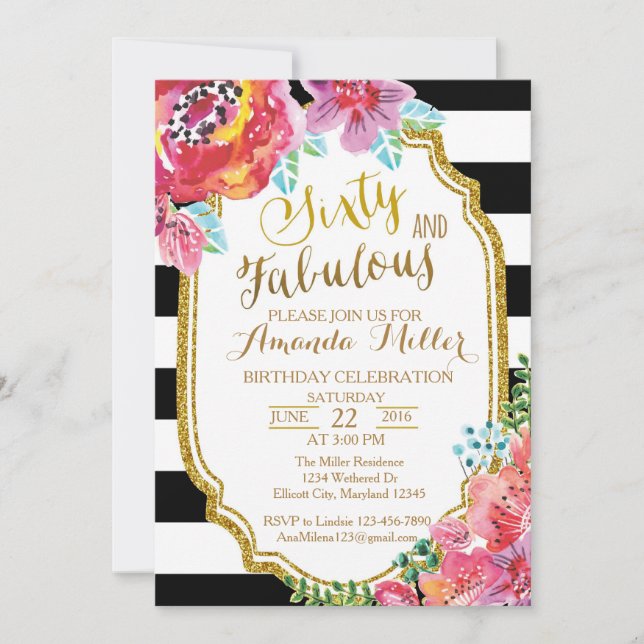 Invitation Soixante et fabuleuse aquarelle Anniversaire Invit (Devant)