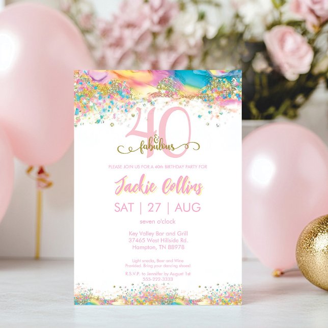 Invitation Soixante et fabuleux fête d'anniversaire (Forty and Fabulous Rainbow and Gold 40th Birthday Invitation)