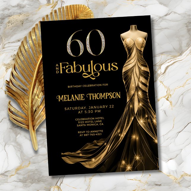 Invitation Soixante et Fabuleux Robe Dorée 60e Anniversaire (Sixty and Fabulous Black with Gold Dress Birthday Invitation, with Gold and Diamond 60.)