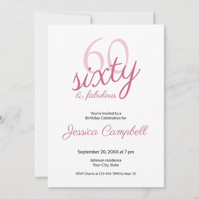 Invitation Soixante et Fabuleux Script Rose 60e Anniversaire (Devant)