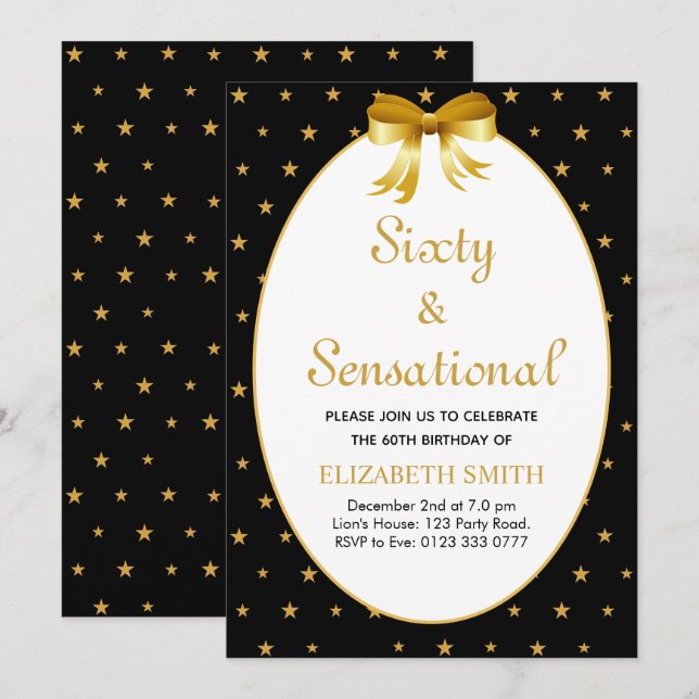 Invitation Soixante et sensationnelle avec étoiles dorées (Devant / Derrière)