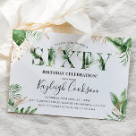 Invitation Soixante été Végétation tropicale 60e fête d'anniv<br><div class="desc">Soixante invitations de célébration chic, design et fabuleux ! Avec le mot "SIXTY" orné d'aquarelle vert tropical feuillage est clair et foncé dans les tons verts. L'invitation est décoré d'élégants feuilles botaniques tropicaux d'aquarelle aux accents faux or et d'un modèle d'anniversaire moderne combiné avec script de calligraphie et polices serif...</div>