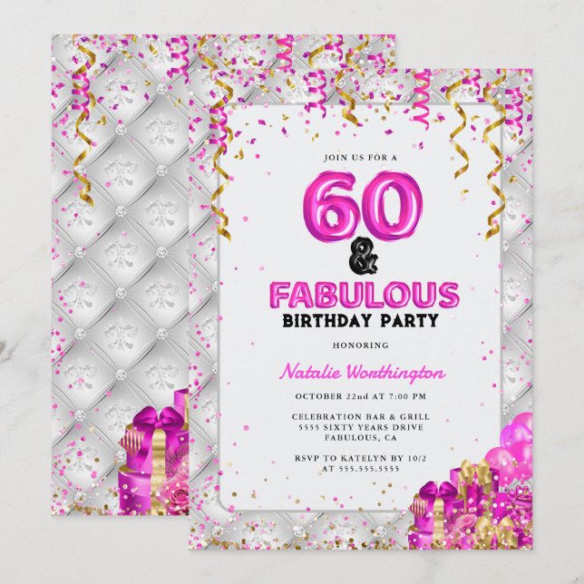 Invitation Soixante fabuleux Gold Pink 60e anniversaire (Devant / Derrière)