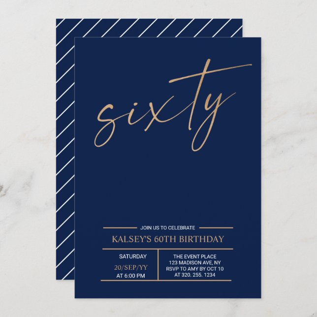 Invitation Soixante | Gold & Blue moderne 60th Birthday Party (Devant / Derrière)
