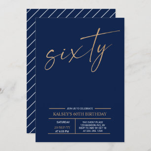 Invitation Soixante   Gold & Blue moderne 60th Birthday Party