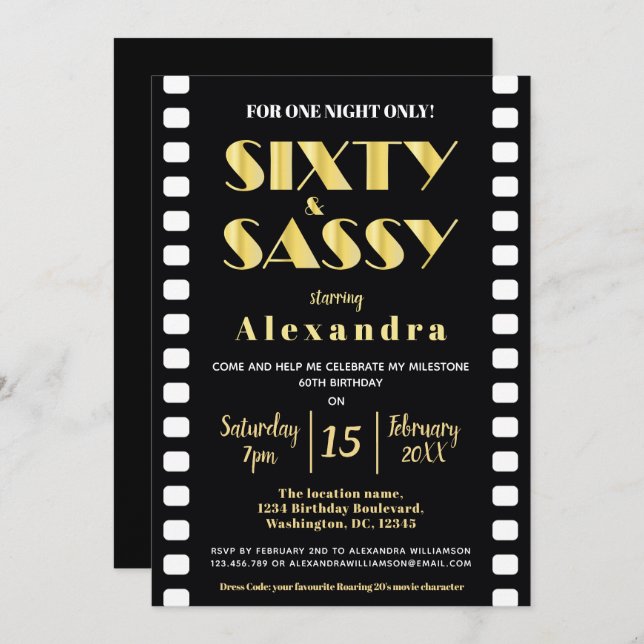 Invitation Soixante & Sassy Gold Black Roaring 20s Style ciné (Devant / Derrière)