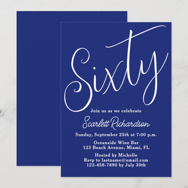 Invitation Soixante Script moderne Marine Bleu 60e fête d'ann (Devant / Derrière)
