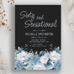 Invitation Soixante Sensationnelle Bleu Blanc Floral Noir<br><div class="desc">Fun bleu poussiéreux et blanc floral sur l'invitation noire "Soixante et sensationnelle" 60ème anniversaire de fête. Contactez-moi pour obtenir de l'aide sur la personnalisation ou pour demander la correspondance ou la coordination des produits Zazzle</div>