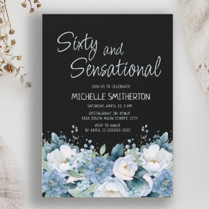 Invitation Soixante Sensationnelle Bleu Blanc Floral Noir