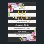 Invitation soixantième Femmes d'invitation d'anniversaire.<br><div class="desc">soixantième Invitation d'anniversaire pour des femmes. Noir et invitation de fête d'anniversaire d'or. Parties scintillantes d'or. Fleur florale d'aquarelle pourpre. Rayures noires et blanches. Digitals imprimables. Pour davantage de personnalisation,  cliquez sur svp la "personnaliser il" bouton et utilisez notre outil de conception pour modifier ce modèle.</div>