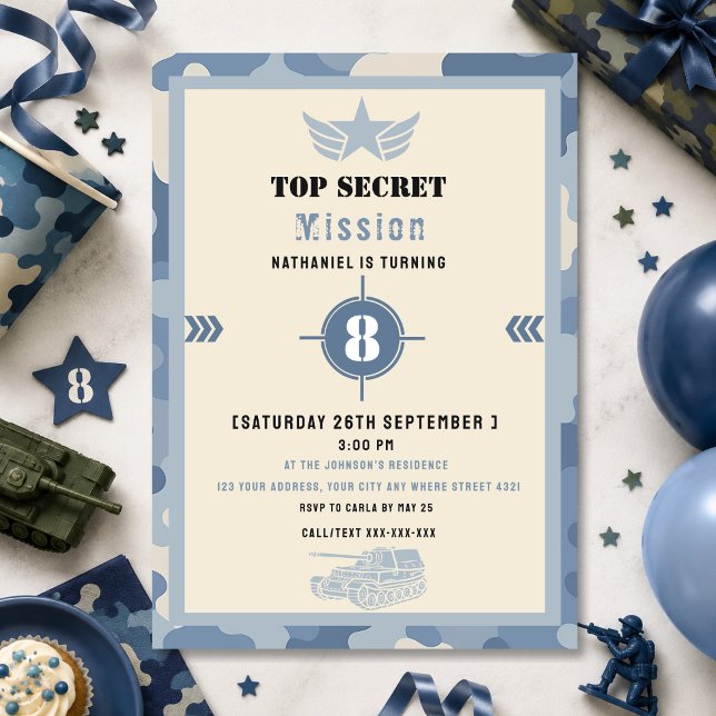 Invitation Soldat de camouflage bleu Anniversaire de l'armée  (Créateur téléchargé)