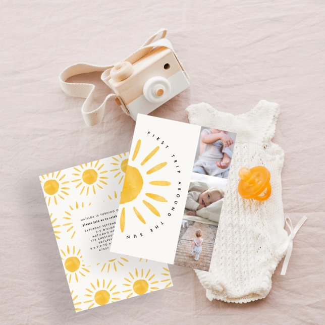 Invitation soleil 1er anniversaire aquarelle soleil multiphot (Créateur téléchargé)