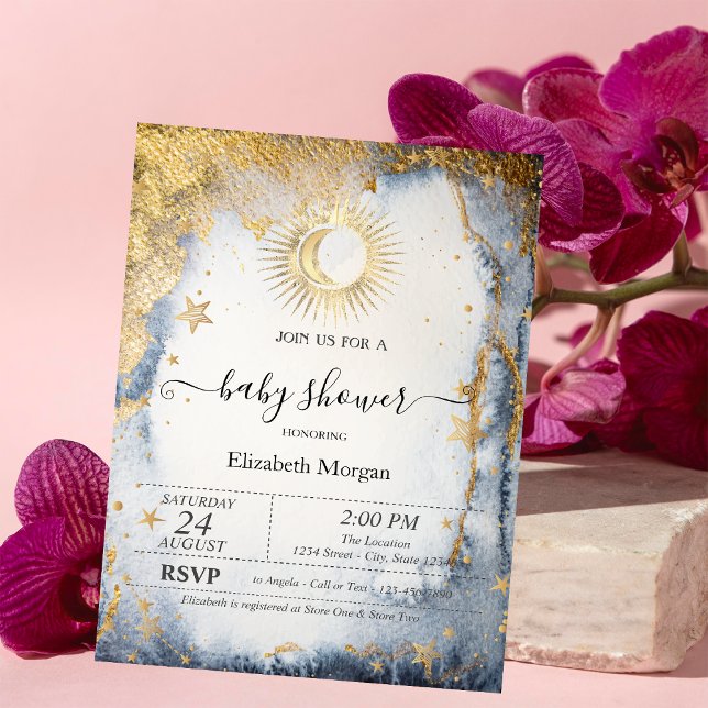 Invitation Soleil céleste cool, Lune, Etoiles Aquarelle (Créateur téléchargé)