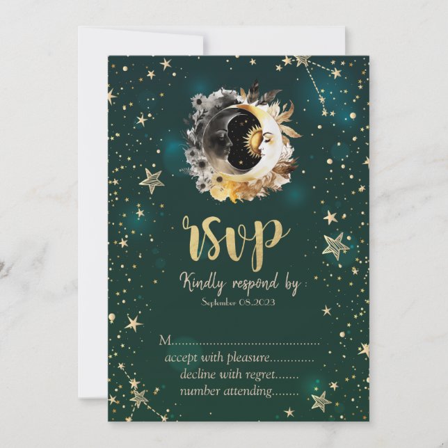 Invitation Soleil Céleste Et Fleurs Lune Étoiles Vert RSVP (Devant)
