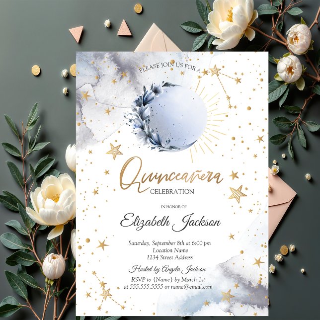Invitation Soleil Céleste, Lune Bleue, Fleur d'Étoiles Quince (Créateur téléchargé)
