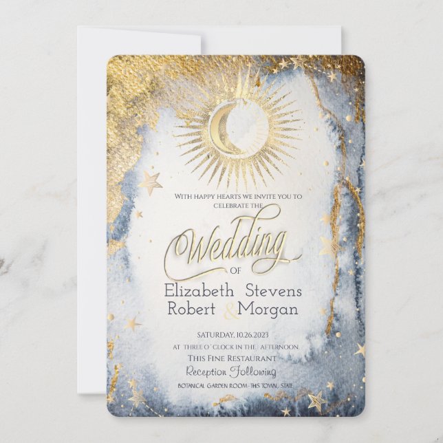 Invitation Soleil céleste, Lune, Étoiles Aquarelle Mariage   (Devant)
