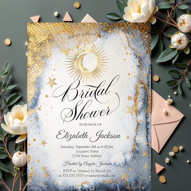 Invitation Soleil Céleste, Lune, Étoiles Aquarelle Or (Créateur téléchargé)
