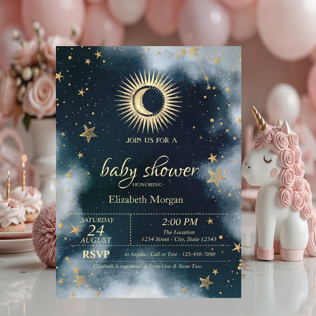 Invitation Soleil céleste, Lune, Étoiles Baby shower Ciel noc (Créateur téléchargé)