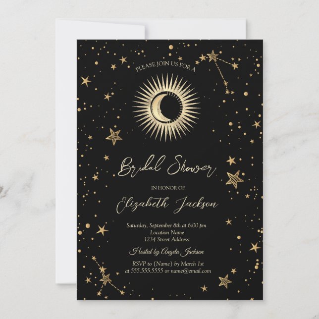 Invitation Soleil céleste, Lune, Étoiles Fête de mariage noir (Devant)