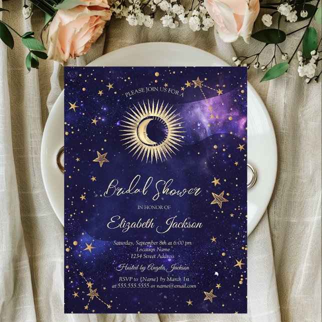 Invitation Soleil céleste, Lune, Étoiles Fête des mariées vio (Créateur téléchargé)