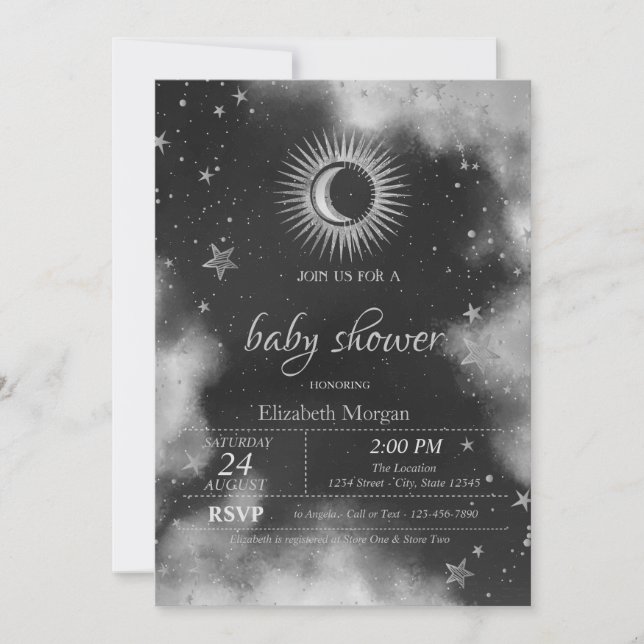 Invitation Soleil céleste, Lune, Étoiles Gris Baby Shower  (Devant)