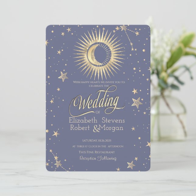 Invitation Soleil céleste, Lune, Étoiles Mariage Pastel   (Debout devant)