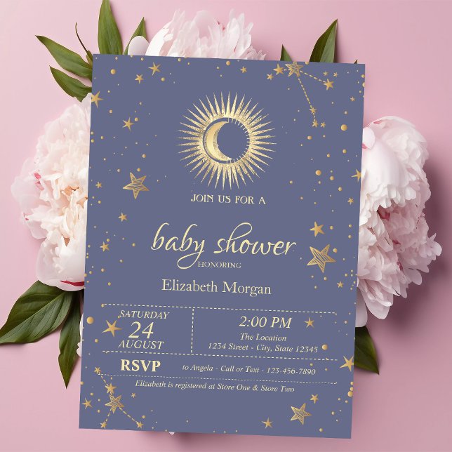 Invitation Soleil céleste, Lune, Étoiles Pastel Fête Prénatal (Créateur téléchargé)