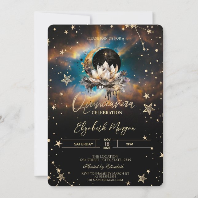 Invitation Soleil Céleste, Lune Lotus Étoiles Quinceanera (Devant)