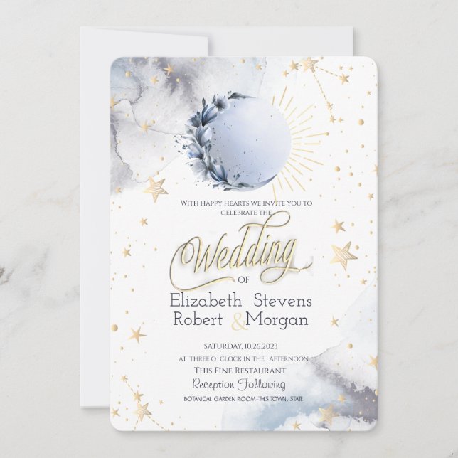 Invitation Soleil Céleste Or, Lune Lune, Étoiles Mariage (Devant)