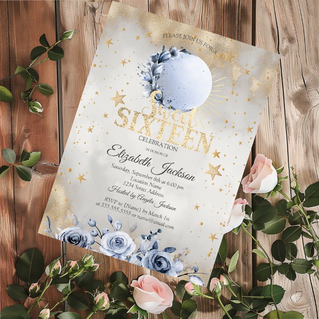 Invitation Soleil Céleste, Roses de Lune Bleue Étoiles Douce  (Créateur téléchargé)