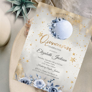 Invitation Soleil Céleste, Roses de Lune Bleue Étoiles Quinc