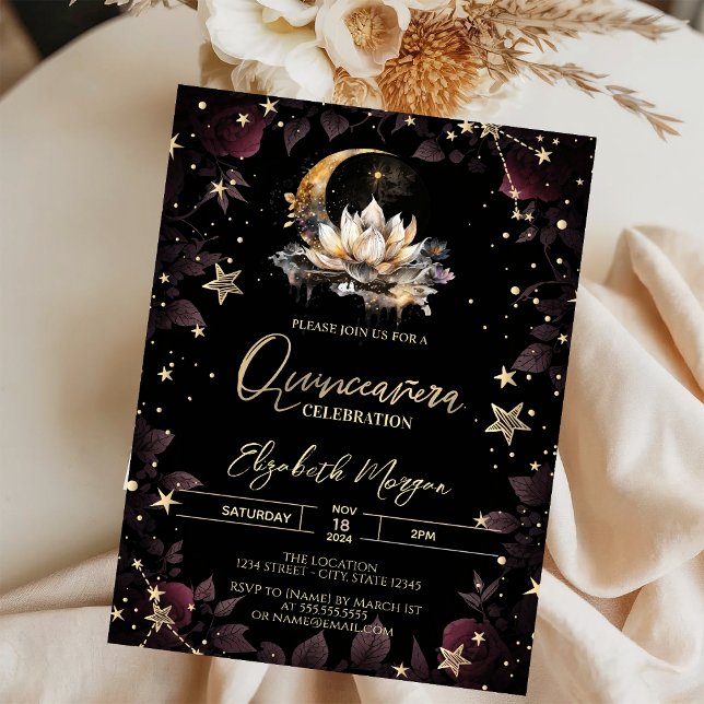Invitation Soleil céleste, Roses Lune et Étoiles Quinceanera (Créateur téléchargé)