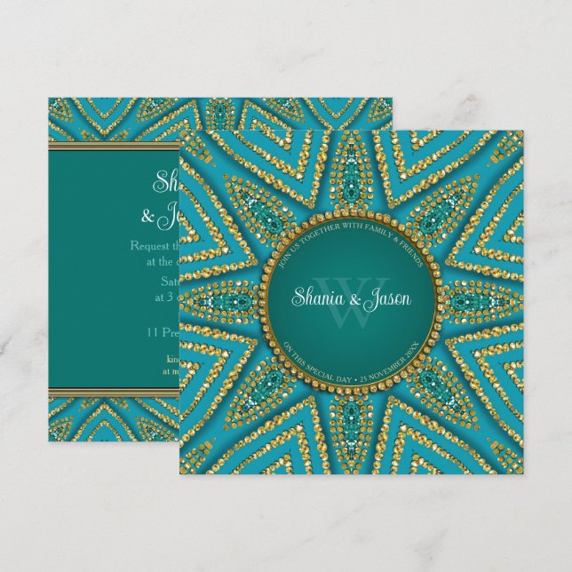 Invitation Soleil de Bohême orientale pailleté or et sarcelle (Devant / Derrière)