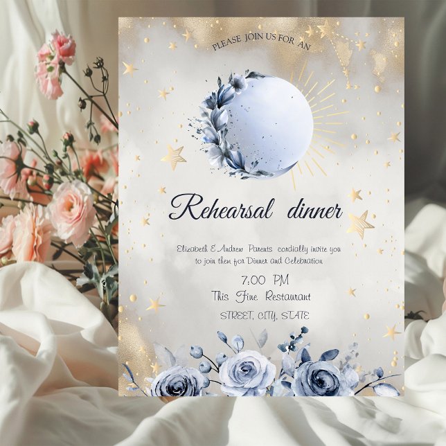 Invitation Soleil doré céleste, Roses étoiles lune bleue (Créateur téléchargé)