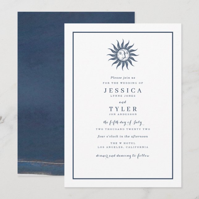Invitation Soleil et Lune Bleu Céleste (Devant / Derrière)
