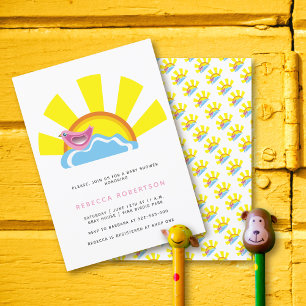 Invitation Soleil et petit oiseau sur le Baby shower nuageux