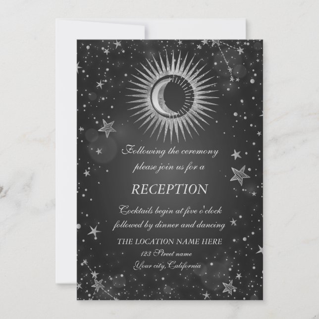 Invitation Soleil, Lune, Étoiles Argent Céleste Sombre (Devant)