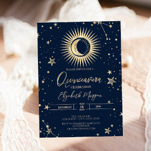 Invitation Soleil Or Céleste Et Étoiles Lune Quinceanera
