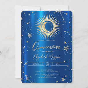 Invitation Soleil Or Et Étoiles Lune Quinceanera Métallique B