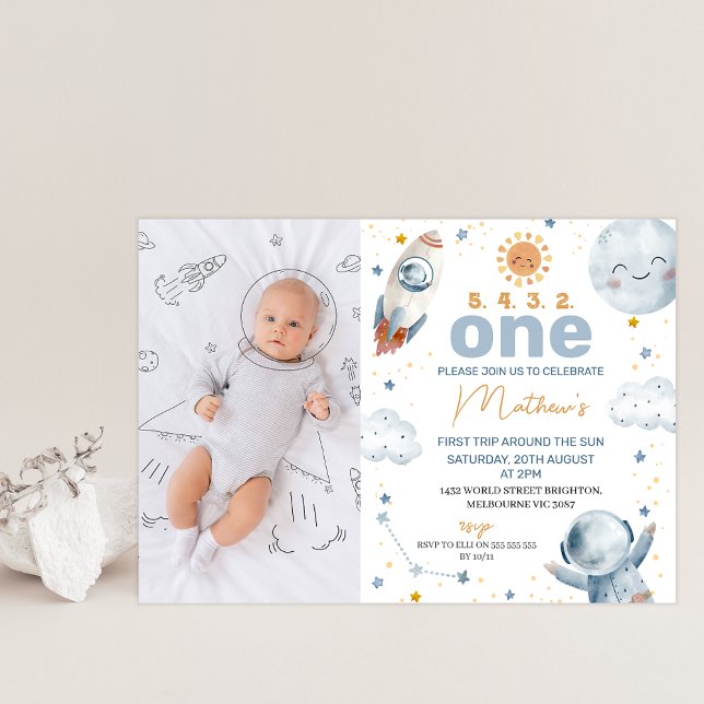 Invitation Soleil Photo Premier voyage autour du soleil 1er a (Cute first trip around the sun 1st birthday invitation featuring a small sun and photo on the front.)