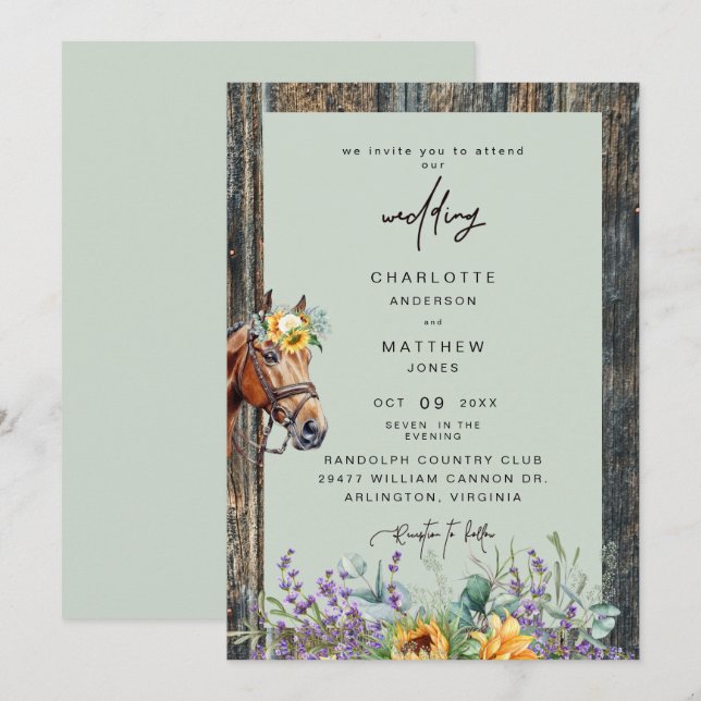 Invitation Soleil Tournesols Rustique Sage Cheval Mariage  (Devant / Derrière)