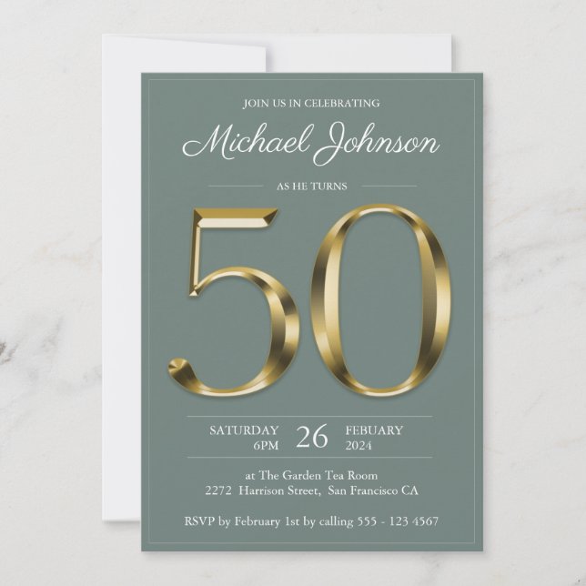 Invitation Solid Gold 50e anniversaire Sage Green Classy Part (Devant)