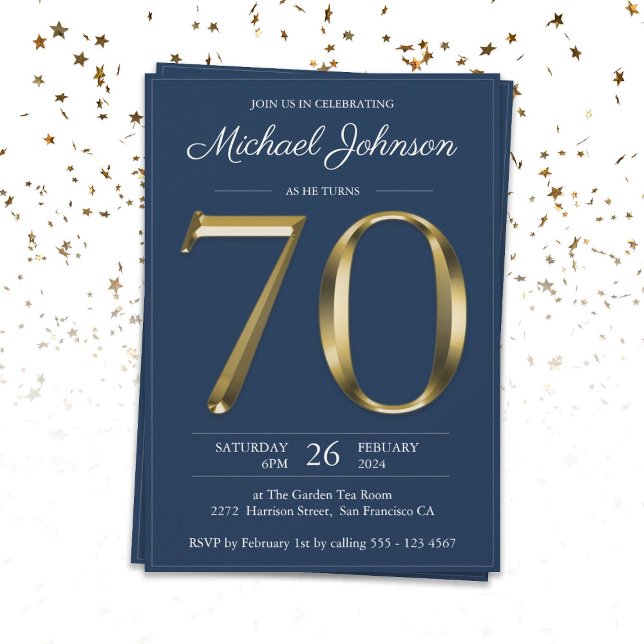 Invitation Solid Gold Text Marine Blue Classy 70e anniversair (Créateur téléchargé)