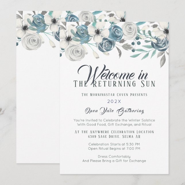 Invitation Solstice d'hiver bleu et blanc de la marine (Devant / Derrière)