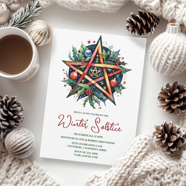 Invitation Solstice d'hiver Holly Yule Pentacle Pagan (Winter Solstice Holly Yule Pentacle Pagan Invitation)