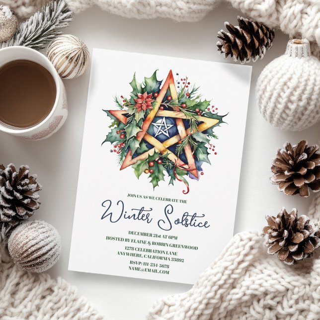 Invitation Solstice d'hiver Holly Yule Pentacle Pagan (Winter Solstice Holly Yule Pentacle Pagan Invitation)