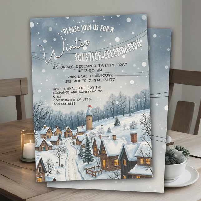 Invitation Solstice d'Hiver Village Enneigé Charmant Fête Int (Winter Solstice party invitation with charming snowy village scene for cozy holiday celebration.)